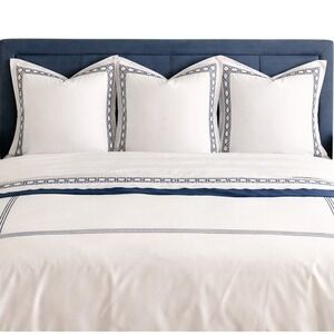 Lands End Euro Sham Set 3 White Navy Cane Embroidered Supima Cotton